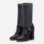 Black Glitter Round Toe Rhinestone Mary Jane Sock High Heel Boots