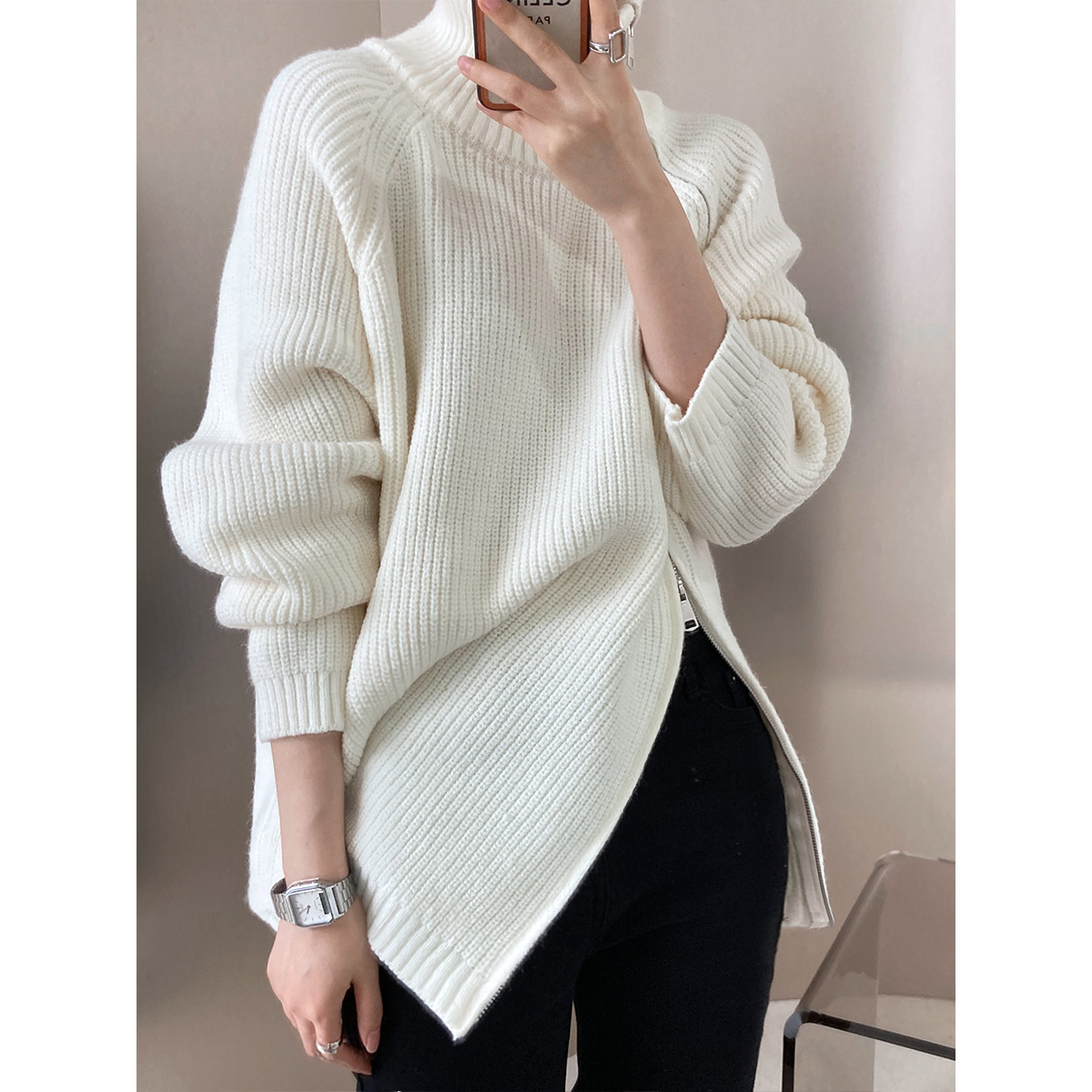 0445929a247668413feeaa0ccf4e1af4.jpeg High Collar Zippered Loose Sweater - Image 1