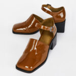 Brown Patent Leather Square Toe Mary Jane Heels with Ankle Strap
