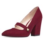 Burgundy Vegan Suede Closed Toe Block Heel Classic Mary Jane Shoes
