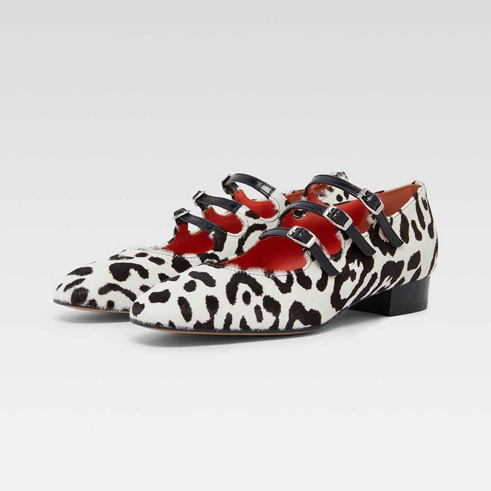 0936ef9693fb799e3c034ebae9d25023.jpg Stylish White & Black Square Toe Leopard Print Mary Jane Flats - Image 1