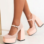 Light Pink Glitter Shoes Square Toe Block Heel Mary Jane Pumps