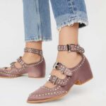 Smoky Pink Satin Buckle Strap Low Heel Mary Jane Shoes with Studs