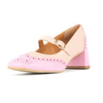 Pink and Beige Square Toe Block Heel Perforated Mary Jane Shoes