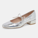 Silver Metallic Finish Square Toe Lace-Up Block Heel Mary Jane Shoes