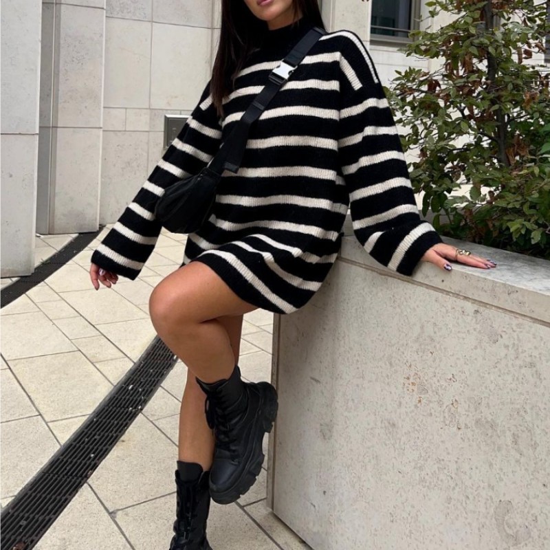 0d5d794b93baf330866faec57b4244d7.jpeg Casual Loose Striped Strip Knitted Dress - Image 1