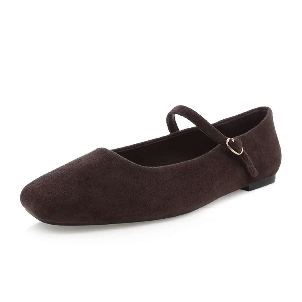 124334a4385032dda2f3781b2842bf1f.jpg Dark Brown Vegan Suede Square Toe Buckle Strap Mary Jane Flats - Image 1