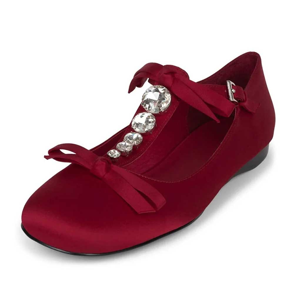 130ccaf7a23bb8631cd2c97a7e00a4c0.jpg Satin Rhinestone T-Strap Bow Decor Mary Jane Flats in Red - Image 1