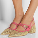 Gold Glitter Slingback Pumps Pointed Toe Block Heel Mary Jane Shoes