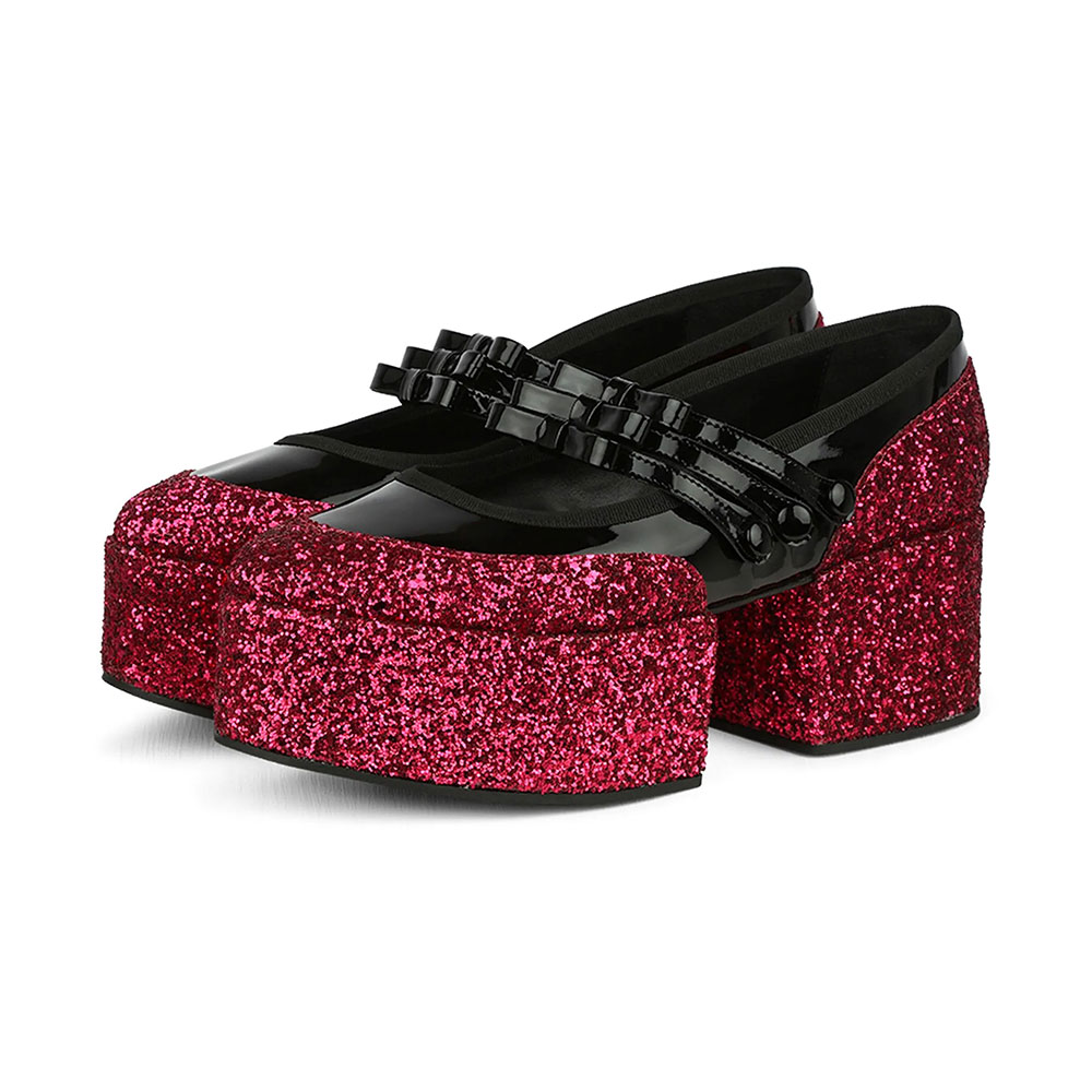 2594205ac40a95e9b1d6faa90ceadb64.jpg Pink & Black Glitter Patchwork Round Toe Bow Strap Platform Mary Janes - Image 1
