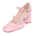 Pink Metallic Square Toe Rhinestone Buckle Strappy Mary Jane Heels