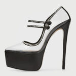 Black Platform Mary Janes Rhinestone Embellished Clear Pumps Shoes
