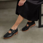 Women's Black Low Block Heel Mary Jane Shoes with Brogue-inspired