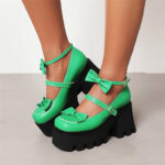 Green Square Toe Block Heel Bow Platform Mary Jane Pumps
