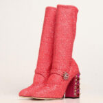 Trendy Pink Rhinestone Block Heel Mary Jane Sock Style Mid Calf Boots