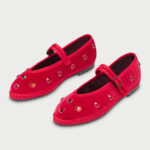 Cherry Red Round Toe Piping Crystal Accent Velvet Mary Jane Shoes