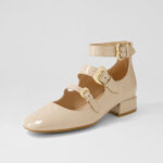 Beige Patent Leather Buckle Strappy Mary Jane Shoes with Low Heel