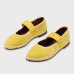 Women's Vibrant Yellow Velvet Ruched Strap Round Toe Mary Jane Flats