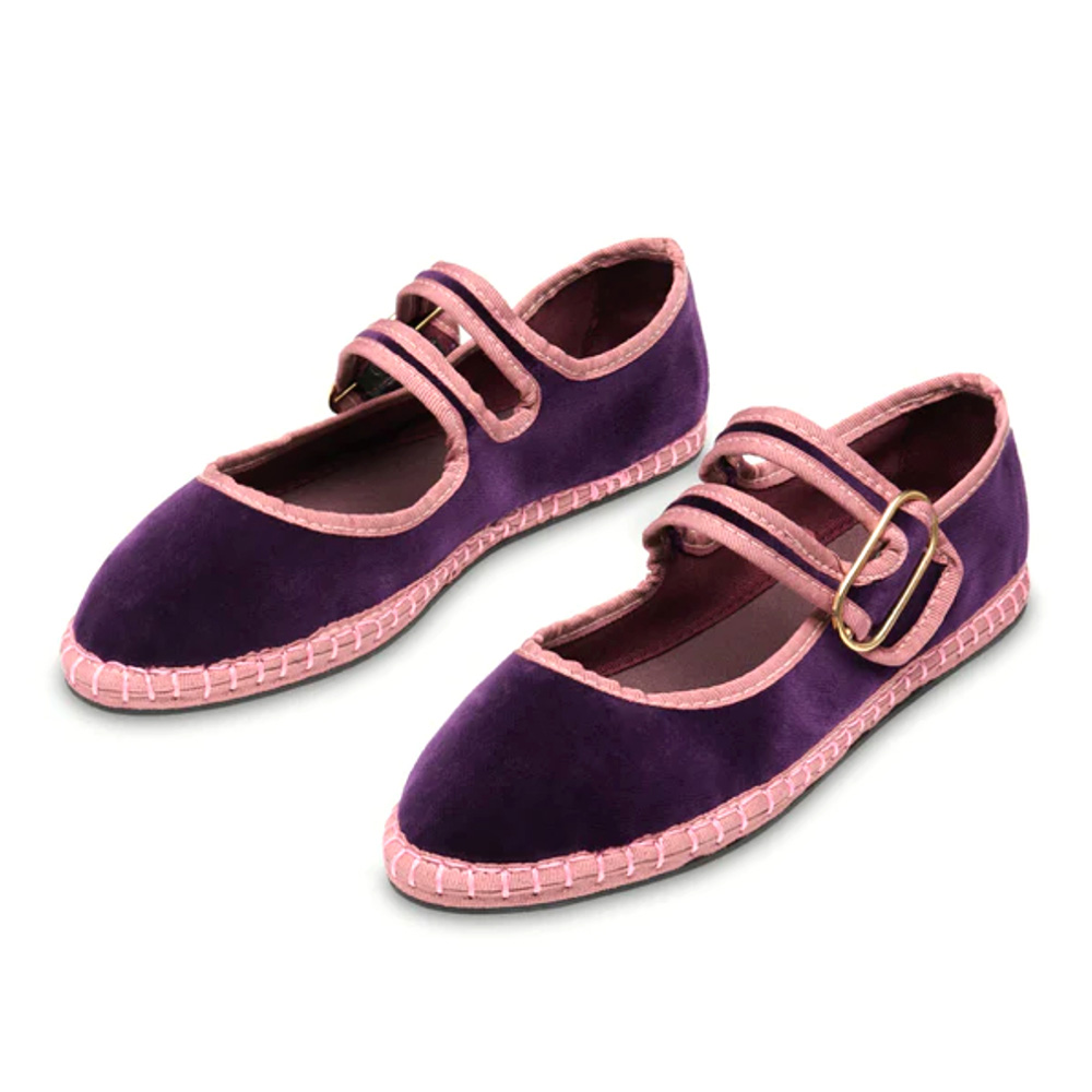 3aa7d0e94d0ae2fb5dd63b96464f69ca.jpg Women's Purple Velvet Double Strap Mary Jane Shoes with Pink Piping - Image 1