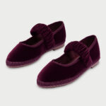 Velvet Round Toe Elastic Strap Flat Mary Jane Shoes in Burgundy