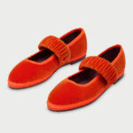Women's Orange Velvet Round Toe Mary Jane Flats with Ruched Strap