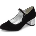 Black Vegan Suede Glitter Chunky Heel Mary Jane Pumps