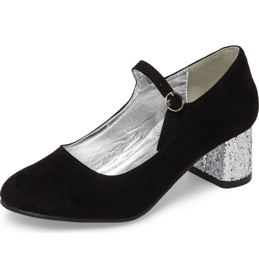40ed8438b283811f5c4fefc5416e91f5.jpeg Black Vegan Suede Glitter Chunky Heel Mary Jane Pumps - Image 1