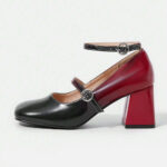 Black & Red Square Toe Ankle Strap Flared Heel Mary Jane Shoes