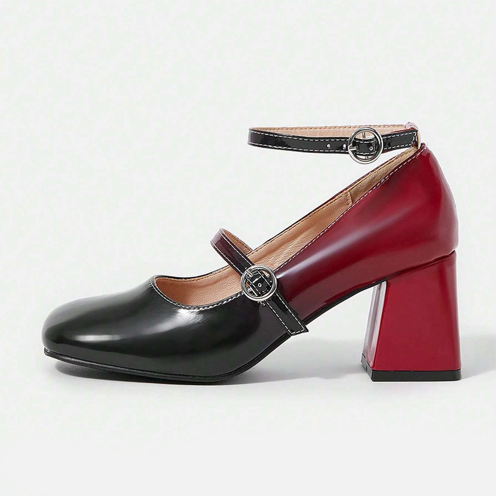 41857c9eda71d113acf369eab71a052e.jpg Black & Red Square Toe Ankle Strap Flared Heel Mary Jane Shoes - Image 1