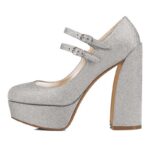 Silver Glitter Block Heel Round Toe Double Strap Platform Mary Janes