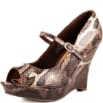 Brown Python Wedge Heel Mary Jane Shoes Peep Toe Platform Pumps