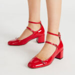Women's Vintage Red Chunky Heel Ankle Straps Mary Jane Shoes