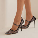Black Pointed Toe Rhinestone Mesh Stiletto Heels Mary Jane Pumps