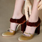 Brown Chunky Heel Velvet Pumps Vintage Almond Toe Mary Jane Shoes