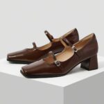 Brown Square Toe Double Buckle Straps Chunky Heel Mary Jane Pumps