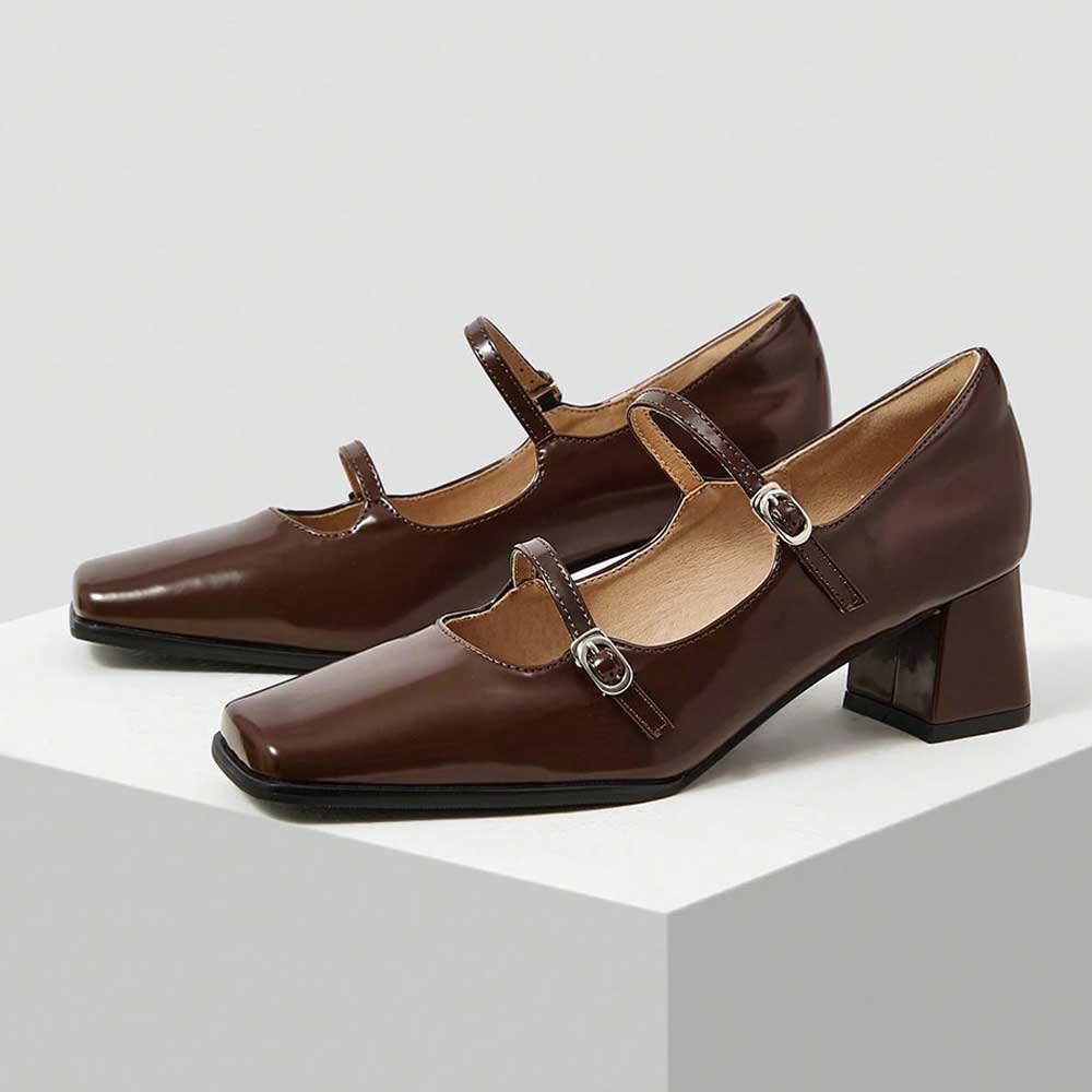 4e234e4446434e42fa306cf05bcf7bfb.jpg Brown Square Toe Double Buckle Straps Chunky Heel Mary Jane Pumps - Image 1