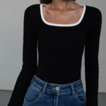 Sliver Lining Contrast Neckline Long Sleeve Top