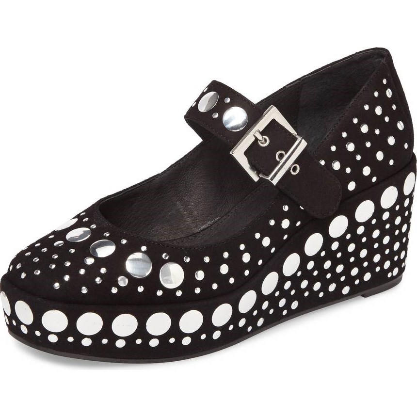 4edc0647500a852cb03fc1c89a88ffa9.jpeg Black Vegan Suede Studded Wedge Heel Platform Mary Janes - Image 1