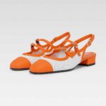 Orange and White Square Toe Perforated Slingback Mary Jane Pumps