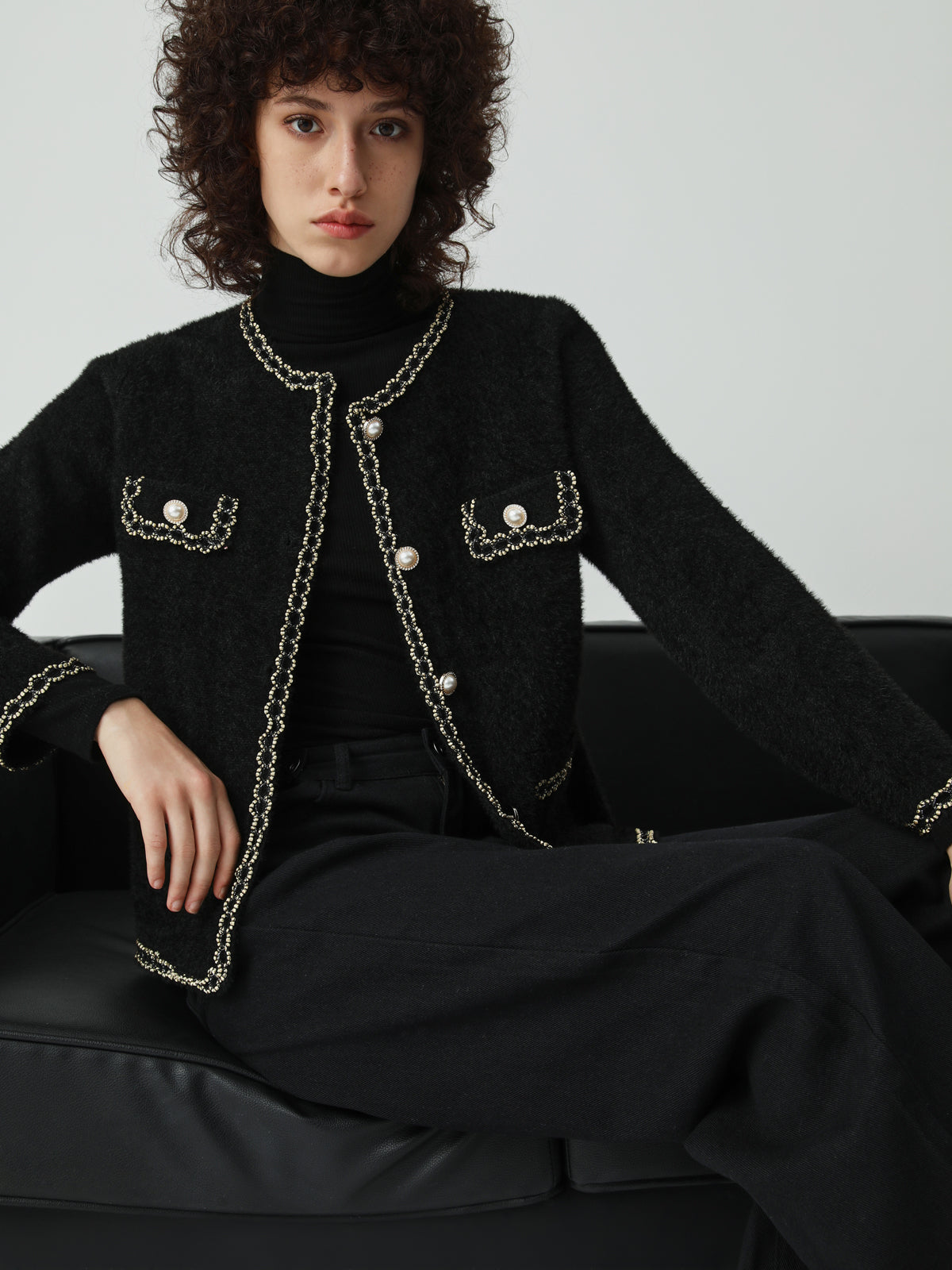 51f6a8e57b8eeb58c814a9a1d30d3df9.jpeg Pearl Button Contrast Trim Fuzzy Cardigan - Image 1