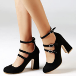 Classic Black Vegan Suede Round Toe Buckle Strap Mary Jane Heels
