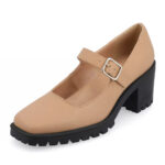 Chic Tan Block Heel Buckle Strap Mary Jane Pumps with Square Toe