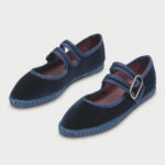 Navy Velvet Round Toe Piping Double Strap Flat Mary Jane Shoes
