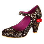 Black and Gold Buckle Strap Cone Heel Cherry Decor Mary Jane Pumps