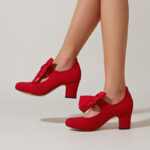 Vintage Red Vegan Suede Round Toe Bow Mary Jane Shoes
