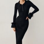 Open Collar Fuzzy Hem Long Sleeve Midi Sweater Dress