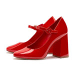 Red Patent Leather Round Toe Buckle Strap Simple Mary Jane Heels