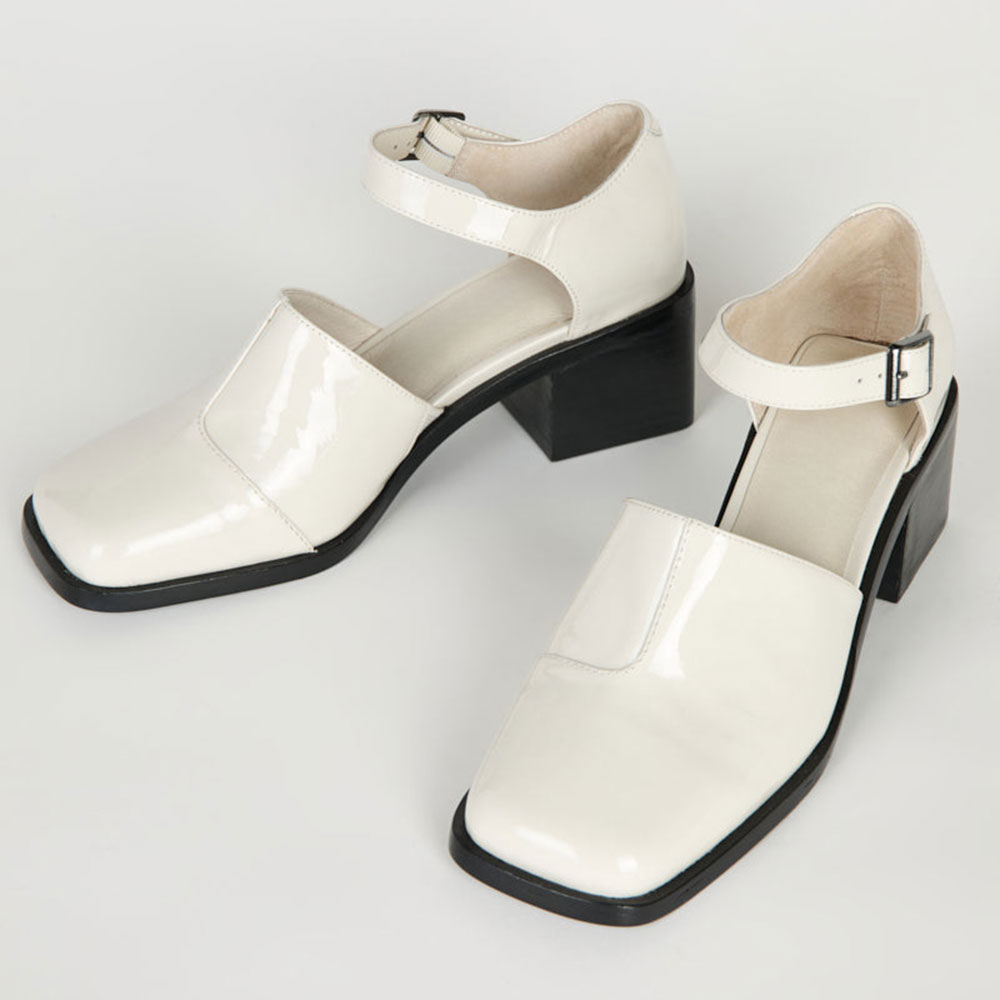 69208997e1d6939a3e00649c28eb5047.jpg Women's Ivory Ankle Strap Square Toe Block Heeled Mary Janes - Image 1