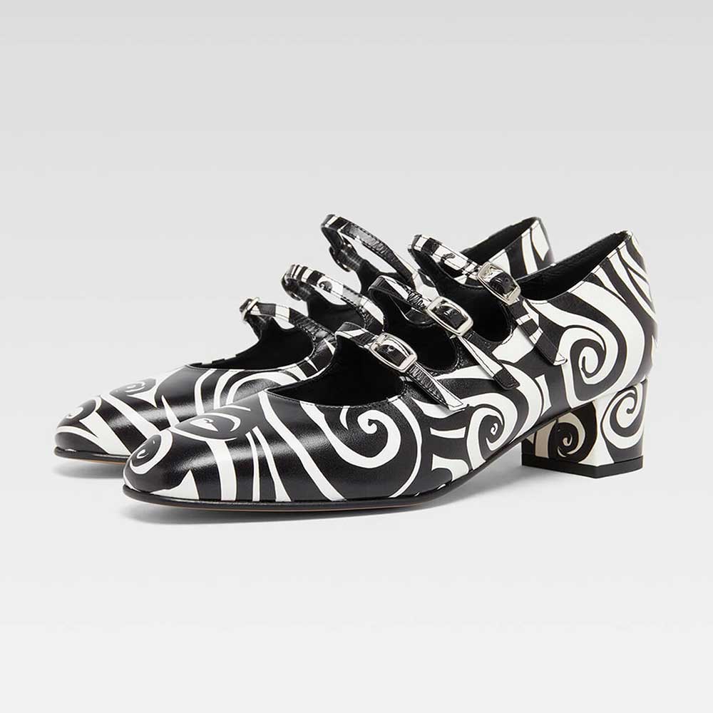 6971eadd3f087970598e88a740a63838.jpg Black & White Triple Buckled Strappy Block Heel Mary Jane Pumps - Image 1
