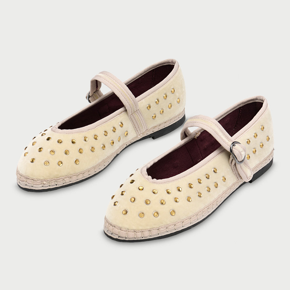 6bc08888ce8a1c71fcf3391c26eca1f4.jpg FSJ Ivory Velvet Round Toe Crystal Decor Mary Jane Flats with Piping - Image 1